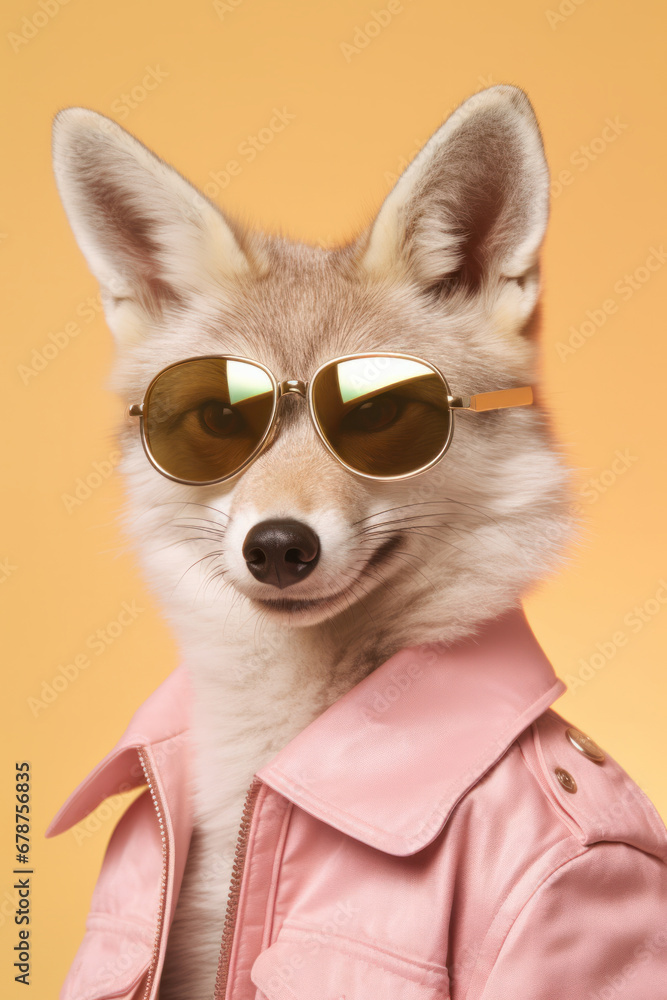 Fox portrait dressed with pink jacket wearing sunglasses on yellow background Fox portrait dressed with pink jacket wearing sunglasses on yellow background