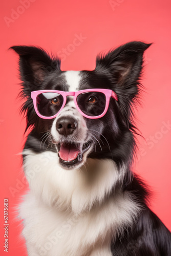 Border collie portrait wearing rose sunglasses on pink background
