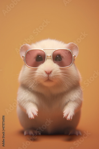 Cute hamster wearing sunglasses on orange background