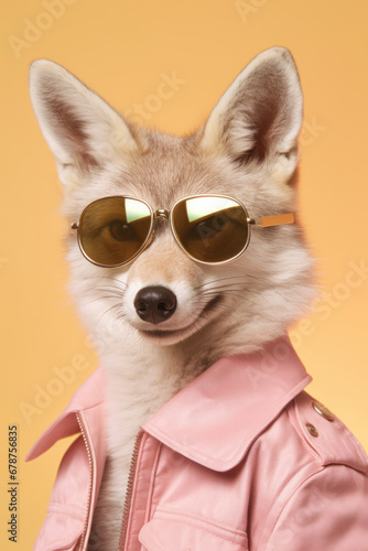 Fox portrait dressed with pink jacket wearing sunglasses on yellow background