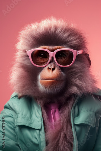 Monkey portrait wearing pink sunglasses dressed with fashion clothes on pink background © Ryan