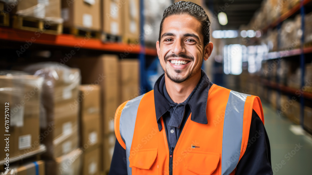 Warehouse worker smiling in an orange jacket. Warehouse worker smiling in an orange jacket.