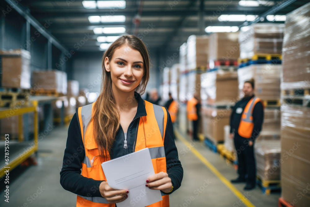 Smiling female warehouse worker standing in a warehouse. Smiling female warehouse worker standing in a warehouse.
