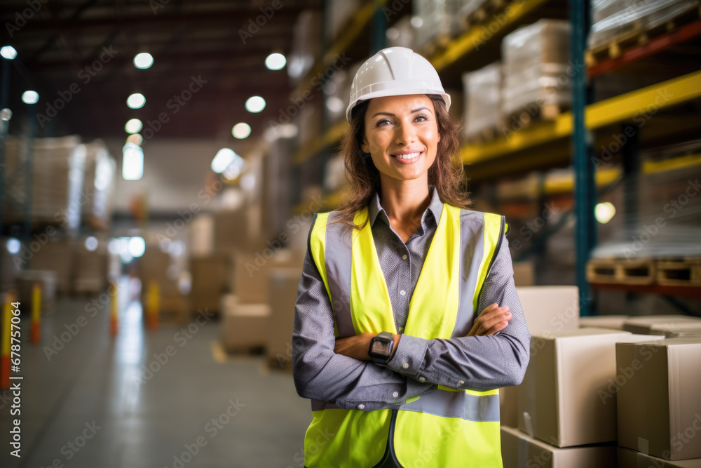 Smiling female warehouse manager with hard hat standing in a warehouse. Smiling female warehouse manager with hard hat standing in a warehouse.
