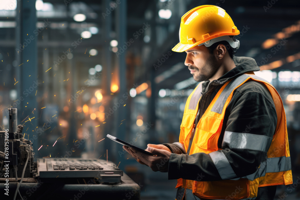 A man wearing protective clothing controls a process in an industrial warehouse. A man wearing protective clothing controls a process in an industrial warehouse.