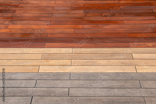 Wood planks texture - weathered, sanded, and freshly stained ipe deck, before and after maintenance concept