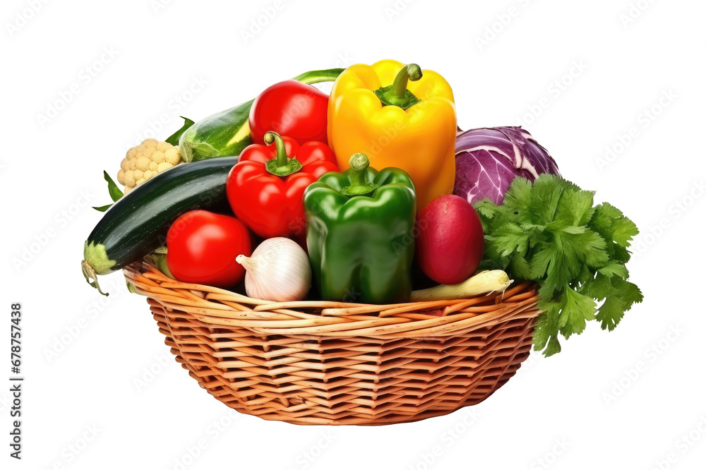 Raw vegetables in wicker basket with handle on clipped PNG transparent background Raw vegetables in wicker basket with handle on clipped PNG transparent background