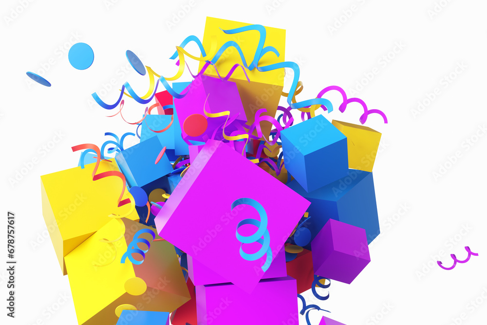 Close-up of abstract holiday confetti with cube shape on white background. 3d rendering illustration Close-up of abstract holiday confetti with cube shape on white background. 3d rendering illustration