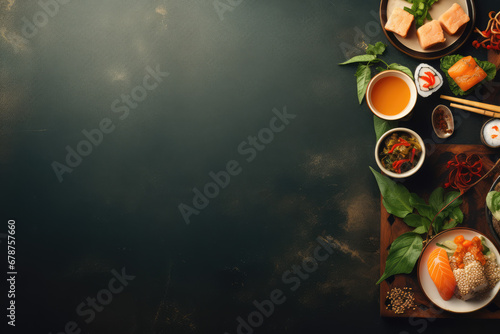 Sushi set on black wooden table, top view. Space for text