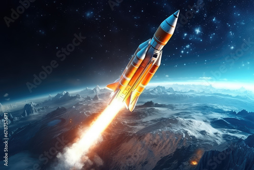Space rocket flying high in the sky. 3D rendering