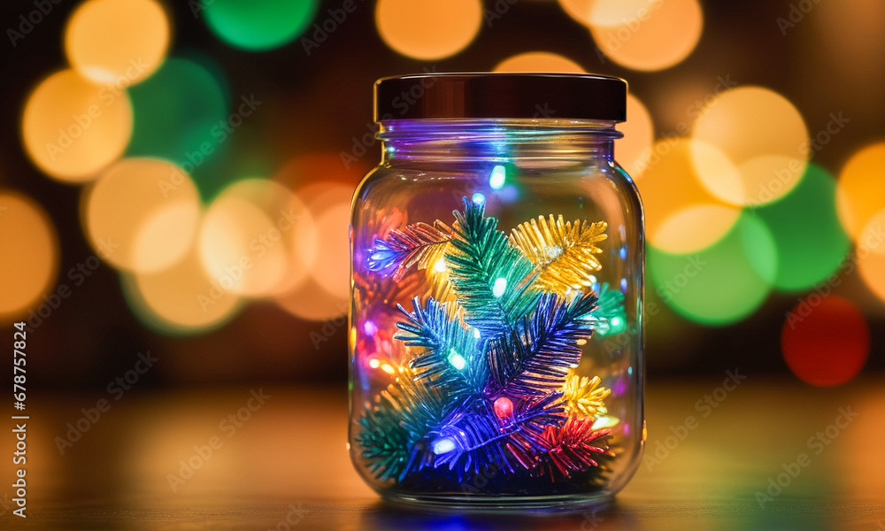 Christmas light decoration in the shape of a pine tree, placed in a glass jar. Christmas light decoration in the shape of a pine tree, placed in a glass jar.