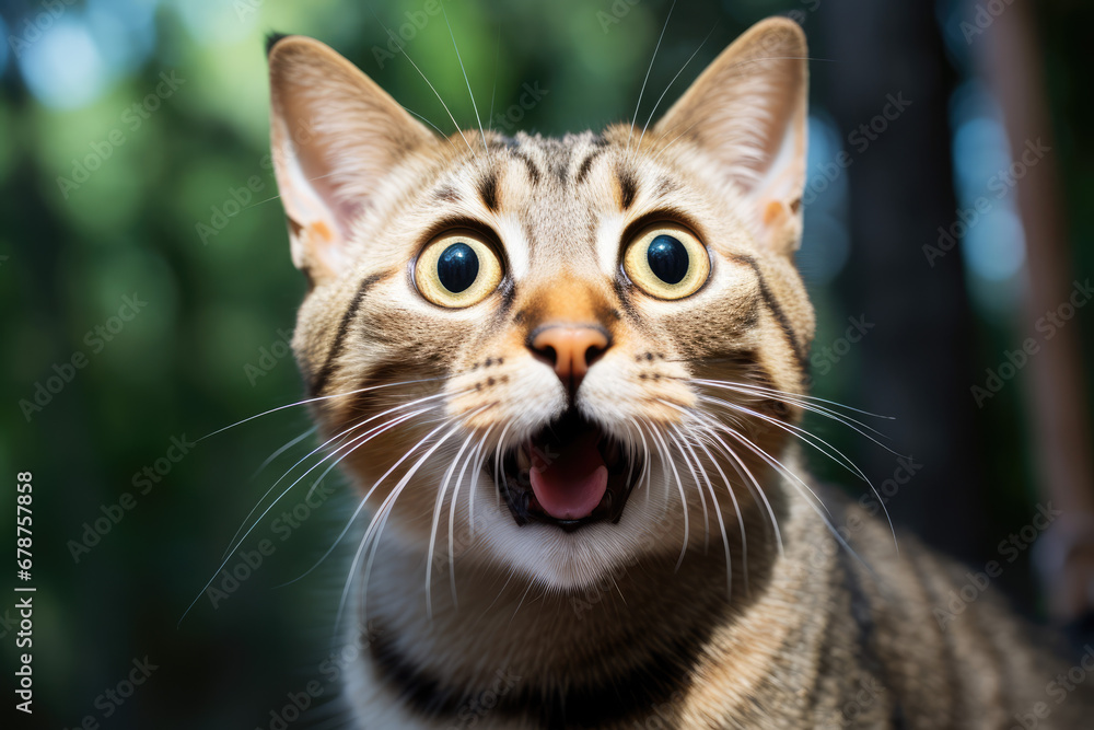 Closeup of a tabby cat with open mouth looking at camera