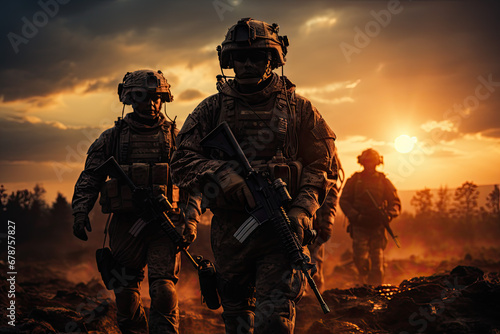 Silhouette of soldiers in the fire with a helicopter at sunset