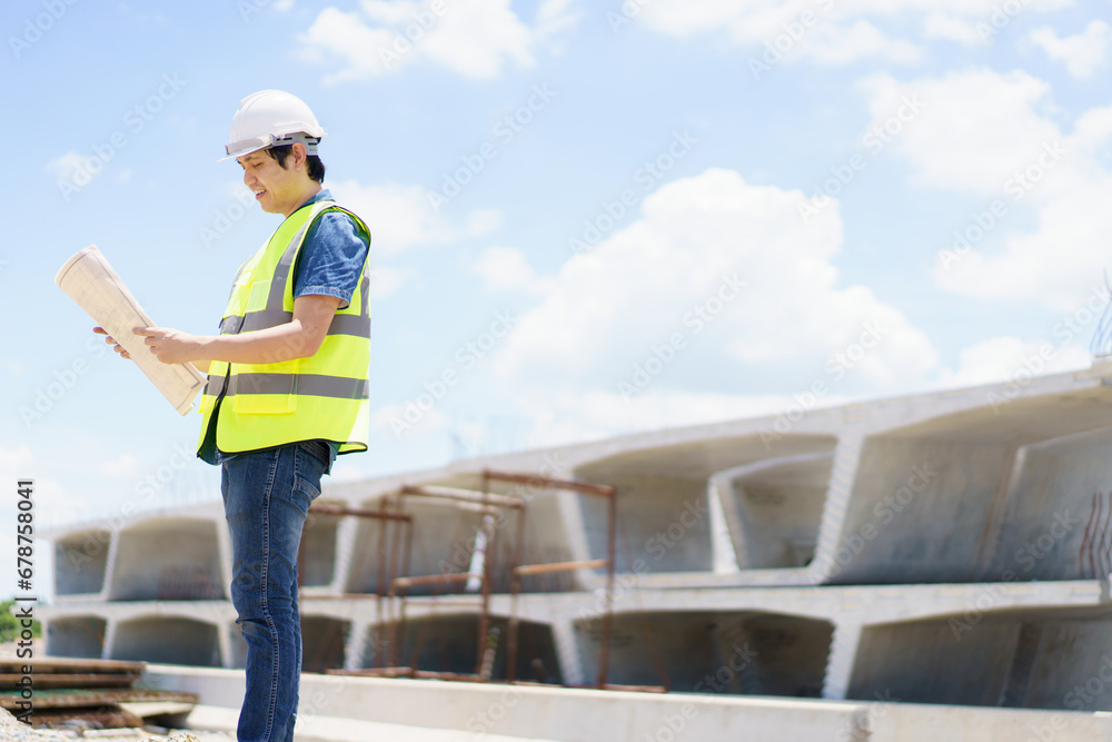 Civil engineer working at bridge construction site. Civil engineer working at bridge construction site.