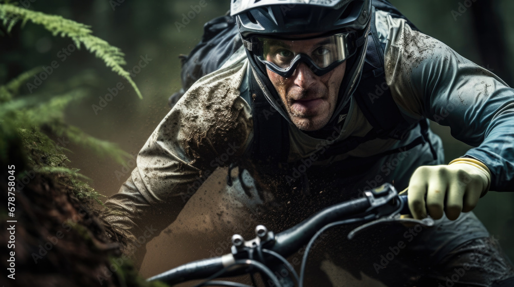 Obraz premium cyclist facing a challenging trail with determination generative ai