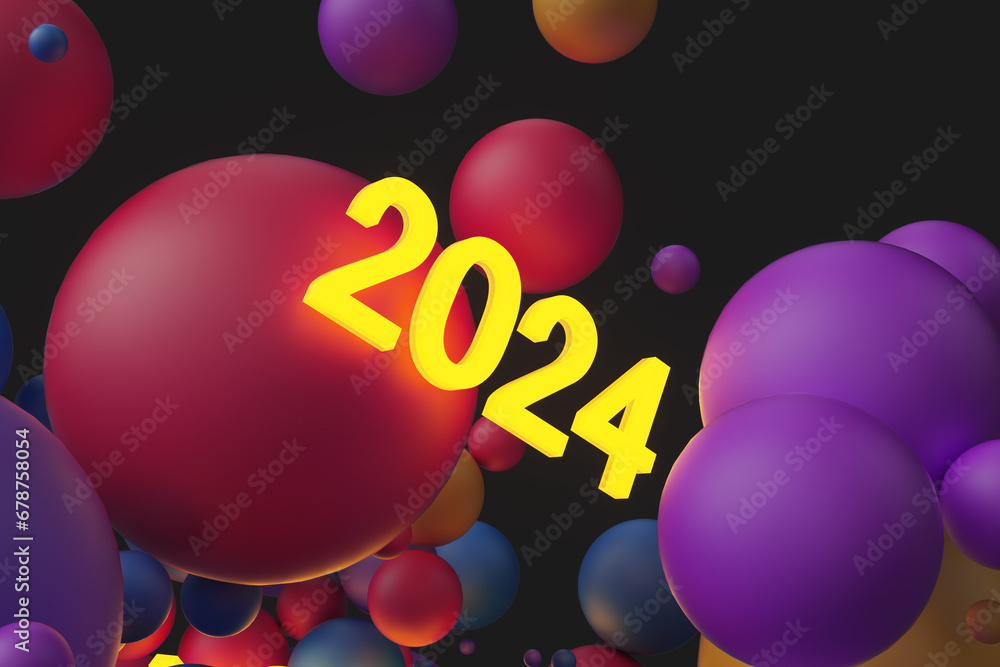 Close-up of a festive Christmas confetti with neon 2024 text and sphere shape on a black background. 3d rendering illustration Close-up of a festive Christmas confetti with neon 2024 text and sphere shape on a black background. 3d rendering illustration