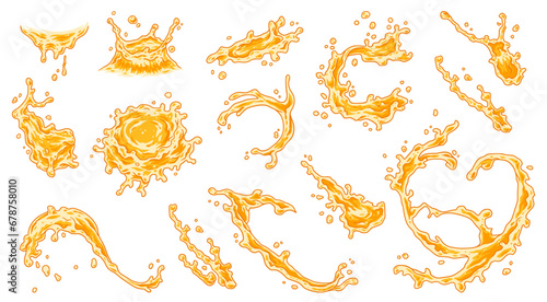 Splashes set, splattered drops of water: the dynamic element of fresh, juicy liquid suspended in the air. Various dynamic elements of water fruit juice or blood, ink blots