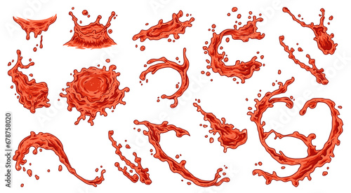 Splashes set, splattered drops of water: the dynamic element of fresh, juicy liquid suspended in the air. Various dynamic elements of water fruit juice or blood, ink blots