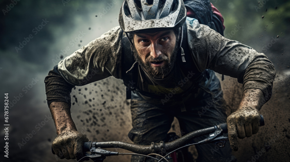 Obraz premium cyclist facing a challenging trail with determination generative ai