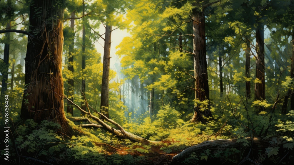  a painting of a lush green forest with lots of trees and leaves on both sides of the forest floor and the sun shining through the trees on the far end of the forest floor.