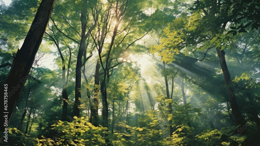  the sun shines through the trees in a forest filled with tall, leafy, green, and leafy trees in the foreground, while the sun shines through the trees in the background.