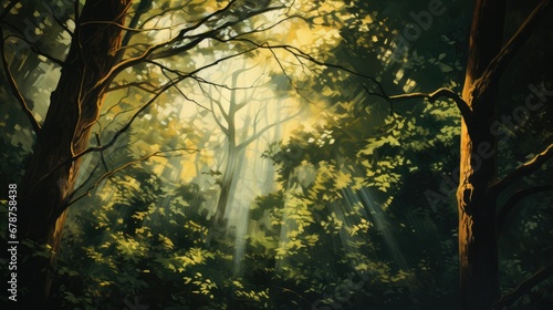  a painting of a forest filled with lots of trees and sunlight coming through the trees to the forest floor and the sun shining through the trees to the forest floor.