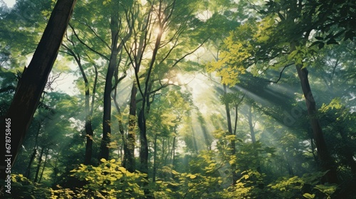  the sun shines through the trees in a forest filled with tall  leafy  green  and leafy trees in the foreground  while the sun shines through the trees in the background.
