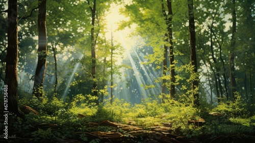  a painting of a sunbeam in the middle of a forest with sunlight streaming through the trees on either side of the sunbeam  and the sun shining through the trees.