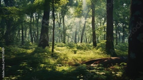  the sun shines through the trees in a green forest filled with tall grass and ferns  while the sun shines through the trees in the distance in the distance.