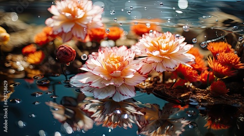  a group of water lilies floating on top of a body of water with drops of water on the bottom and bottom of the flowers on the bottom of the water.