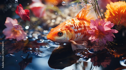  a close up of a fish in a body of water with flowers on the side of the water and bubbles on the top of the water and bottom of the fish.