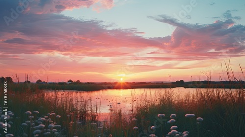  a sunset over a body of water with tall grass in the foreground and the sun setting in the distance with clouds in the sky above the water and grass in the foreground.