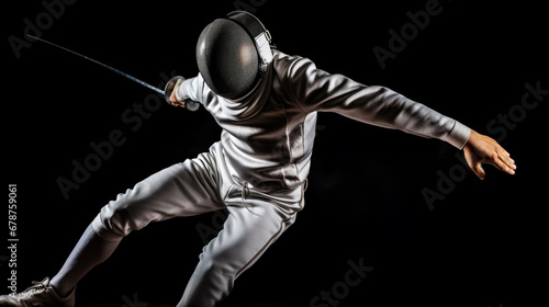 fencer in a lunge, intense concentration in their eyes generative ai