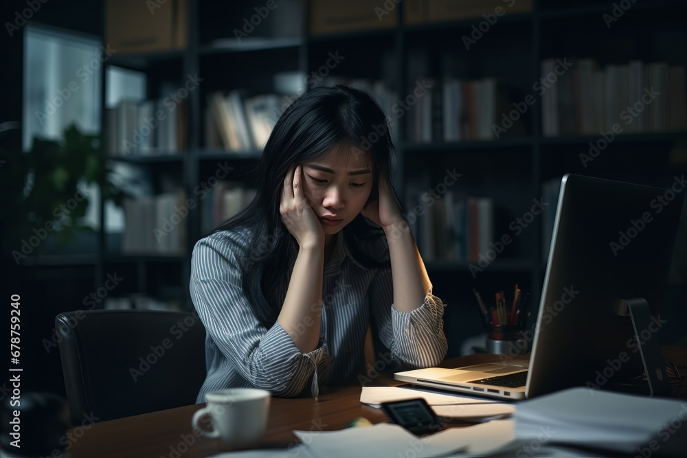 Portrait of a tired Asian girl with a headache, working overtime, burnout at work, emotional stress. Portrait of a tired Asian girl with a headache, working overtime, burnout at work, emotional stress.