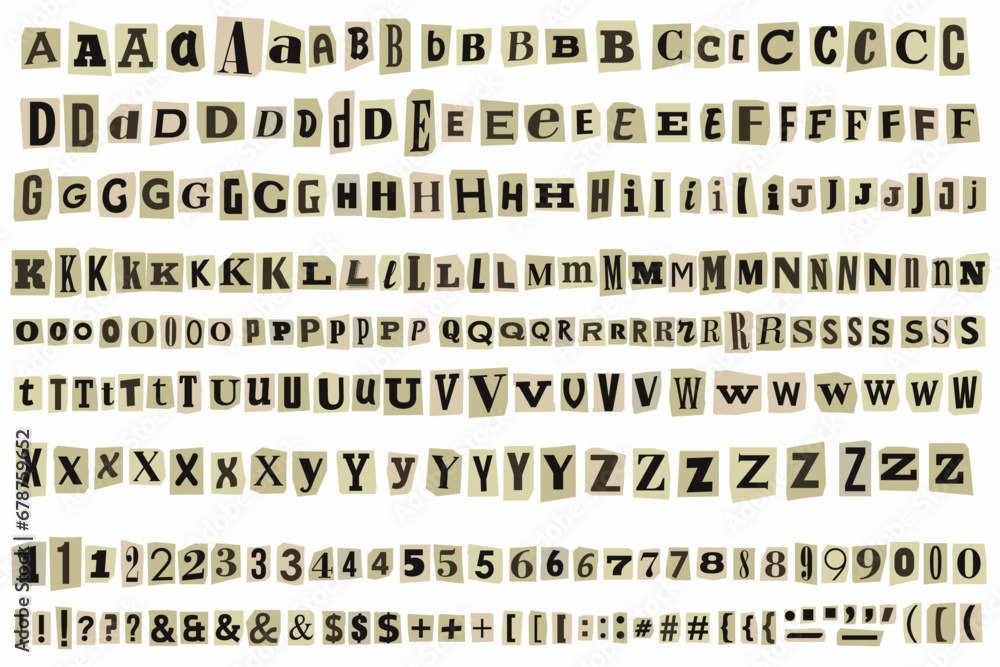 Ransom letters newspaper text cutout vector alphabet.Blackmail Paper Cut Anonymous trendy Note Font. Latin capital and lowercase letters and Numbers magazine alphabet on pieces of paper in brown color - obrazy, fototapety, plakaty 