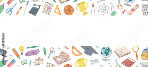 School accessories banner. School supplies. Basketball ball, trophy, diploma, notebook, microscope, pencil, paper clip, schoolbag, globe, calculator.