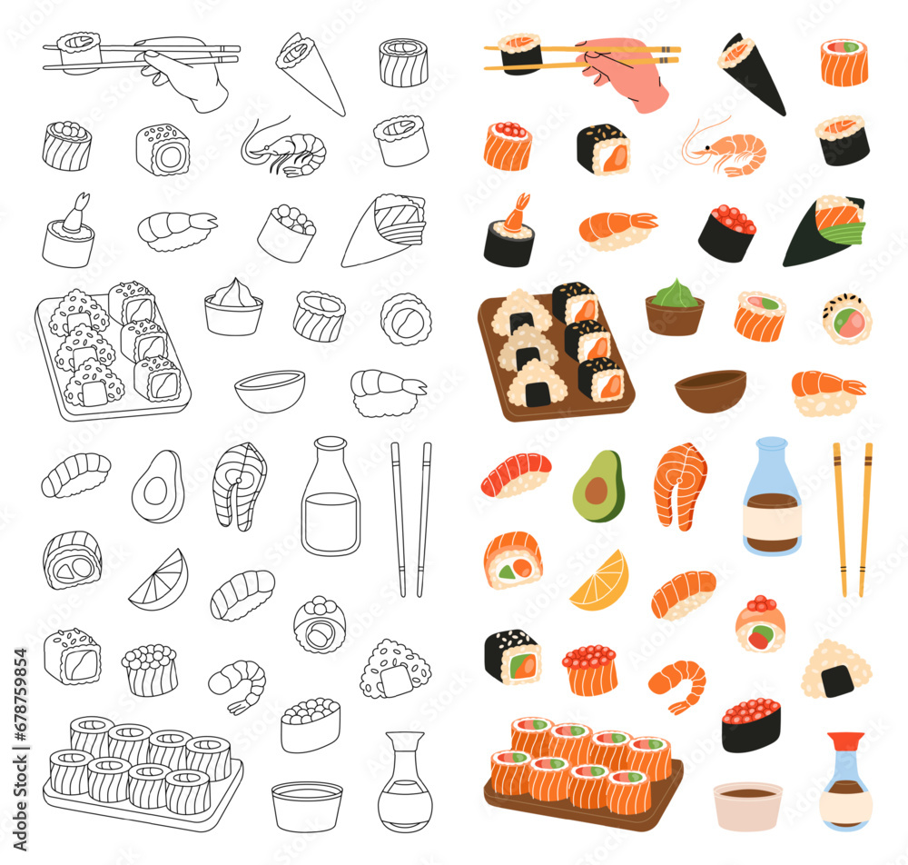 Set of sushi roll. Sushi and rolls vertical banner. Tobiko maki, philadelphia roll, onigiri, shrimp nigiri, tekkamaki tuna roll, futomaki, sake temaki
