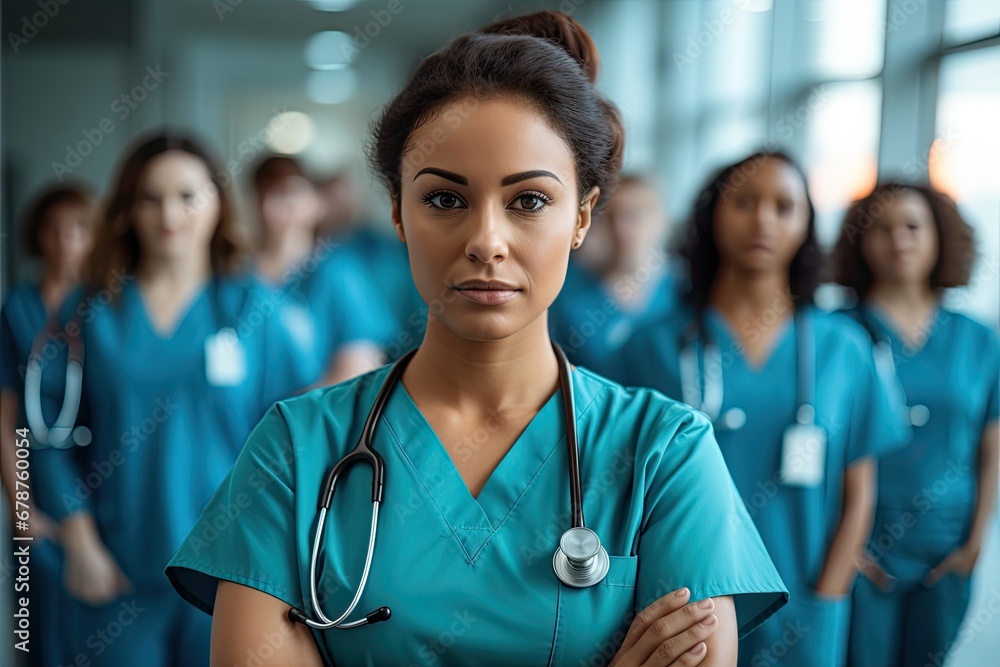 Portrait, medical and a woman nurse arms crossed, standing with her team in the hospital for healthcare, AI Generated Portrait, medical and a woman nurse arms crossed, standing with her team in the hospital for healthcare, AI Generated