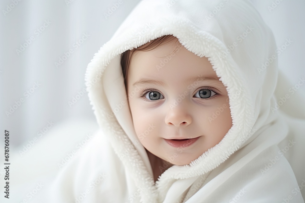Obraz premium Portrait of a cute little baby wrapped in a white blanket, Portrait of a cute baby under a white blanket on a light background, AI Generated