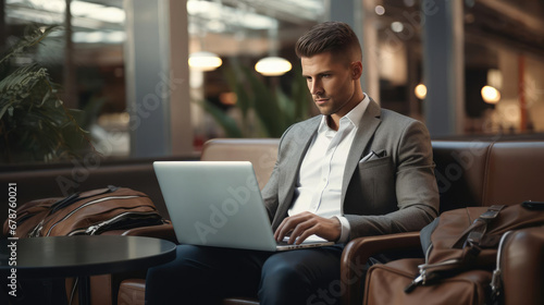 Businessman with laptop working in airport lounge © cherezoff