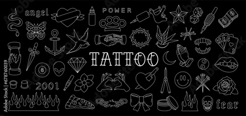 Old school tattoos. Swallow, rose, heart, knife, anchor, skull, hands, flowers, snake. Various old school tattoos. Vector illustration.