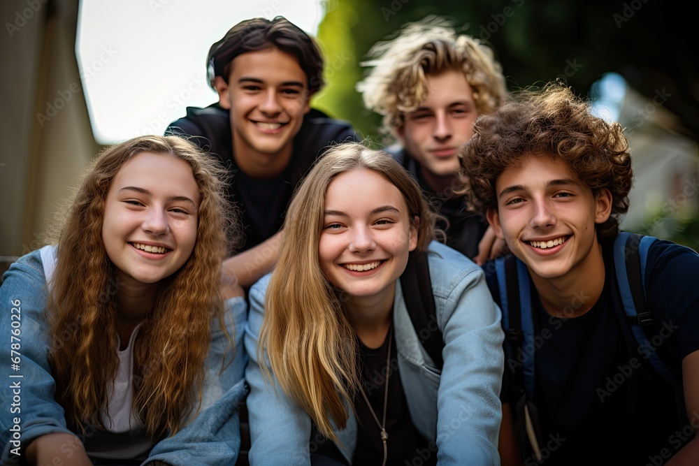 Group of happy teenagers looking at camera and smiling in the park, Portrait of happy young students, AI Generated Group of happy teenagers looking at camera and smiling in the park, Portrait of happy young students, AI Generated