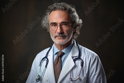 Portrait of senior doctor with stethoscope on dark background, Portrait of mature doctor with eyeglasses, AI Generated