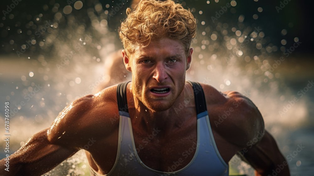 rower in a race, sweat and determination visible on their face ...