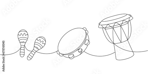 Drum musical instruments one line continuous drawing. Djembe drum, bongo, maracas continuous one line illustration. Vector linear illustration.