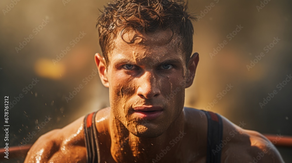 rower in a race, sweat and determination visible on their face ...