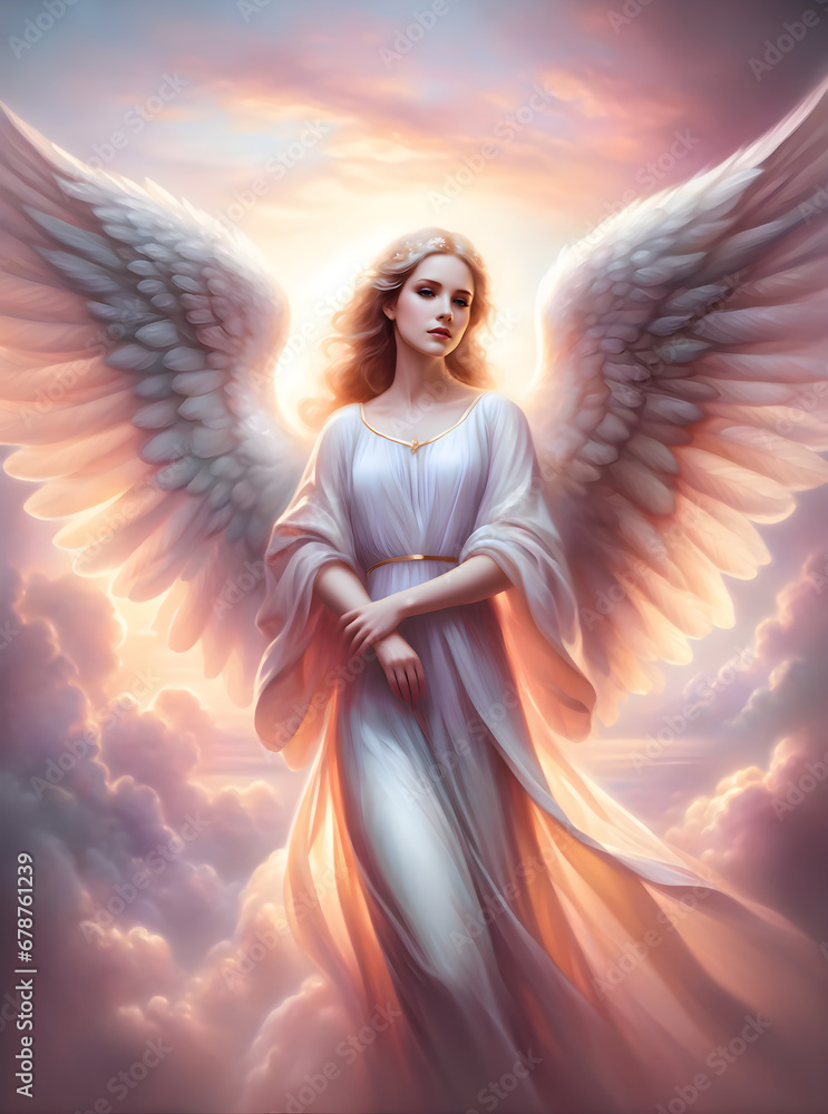 Obraz premium Female angel in a beautiful sky with golden sunlight in the background.
