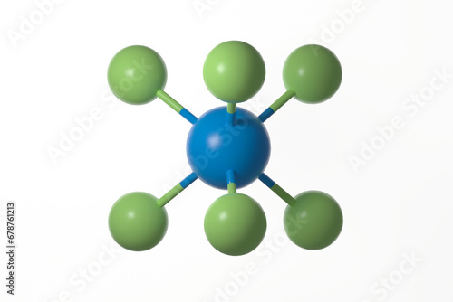 Ball and stick model of plutonium hexafluoride molecule against a white background