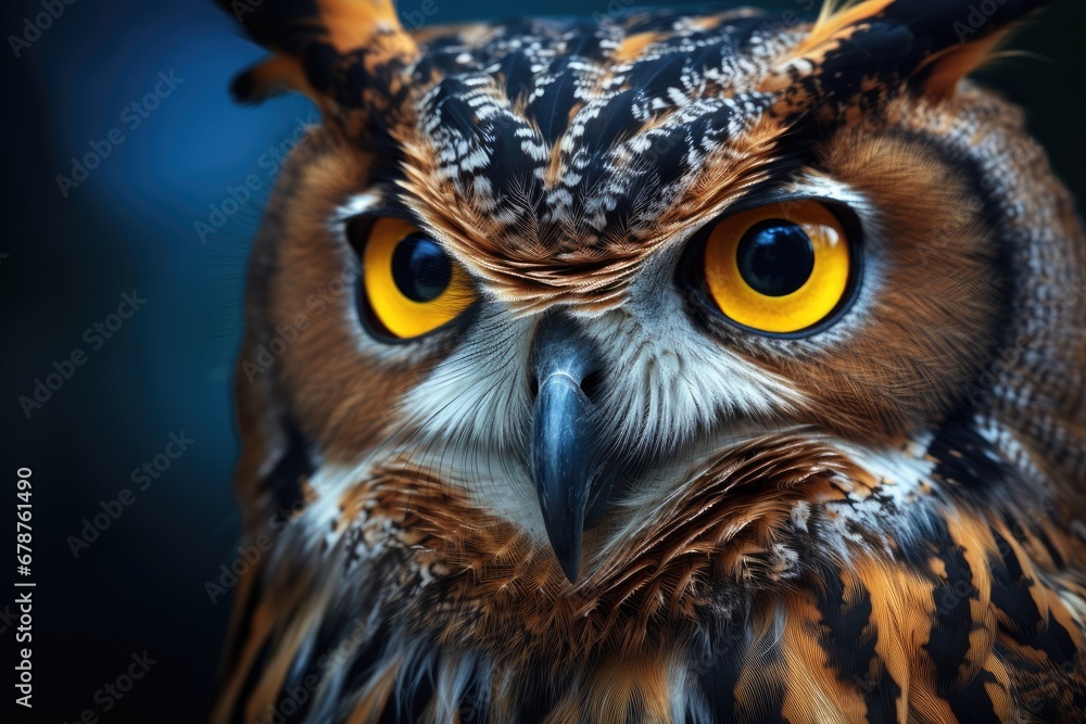 Beautiful portrait of a beautiful owl with yellow eyes. Wildlife scene, realistic Owl headshot with a closeup of face, AI Generated Beautiful portrait of a beautiful owl with yellow eyes. Wildlife scene, realistic Owl headshot with a closeup of face, AI Generated