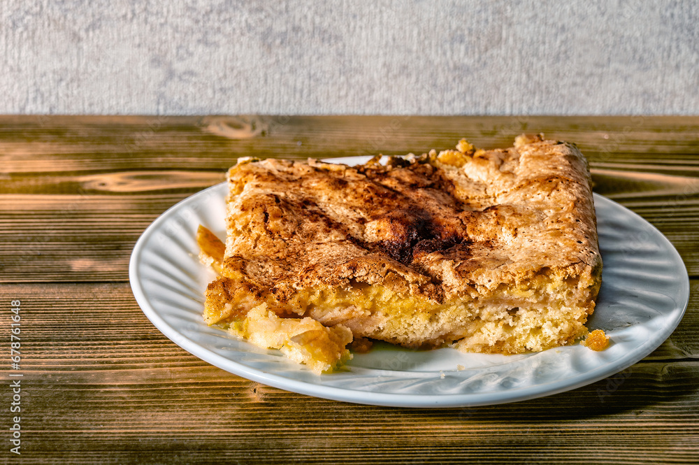 Piece of apple pie Charlotte on a plate on a wooden table. Piece of apple pie Charlotte on a plate on a wooden table.